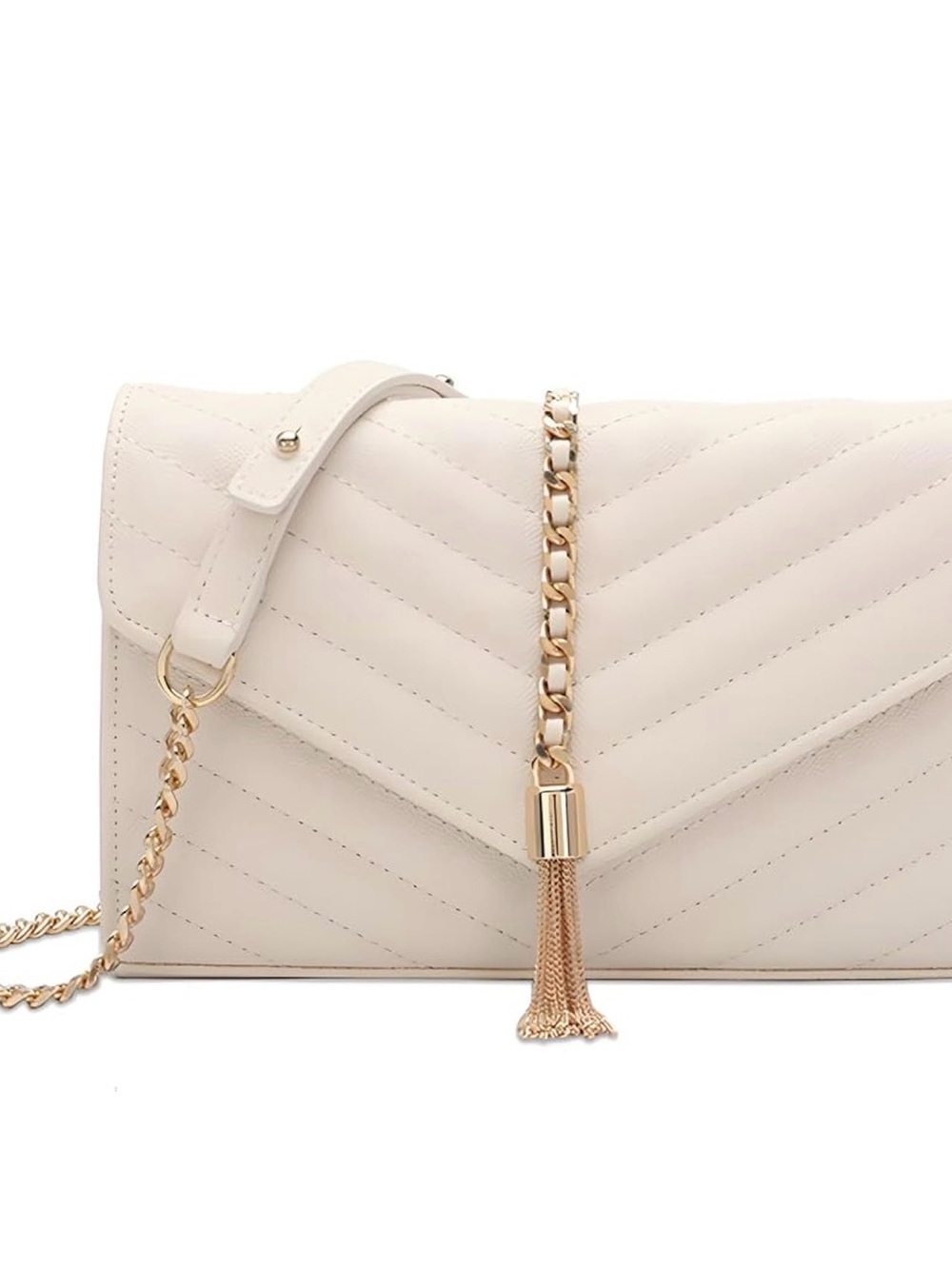 Elegant Cream Quilted Shoulder Bag with Gold Chain Tassel